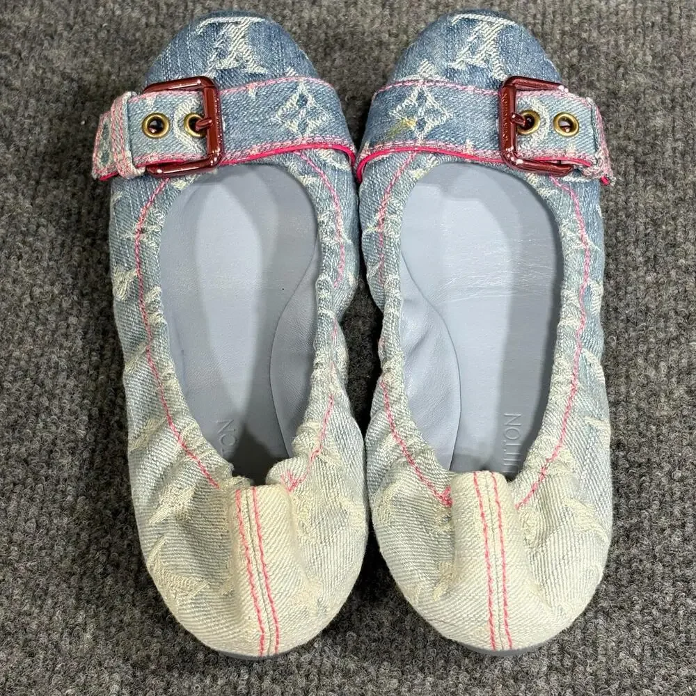 Louis Vuitton Shoes Womens 5.5 35.5 Monogram Denim Buckle Ballet Flats Italy